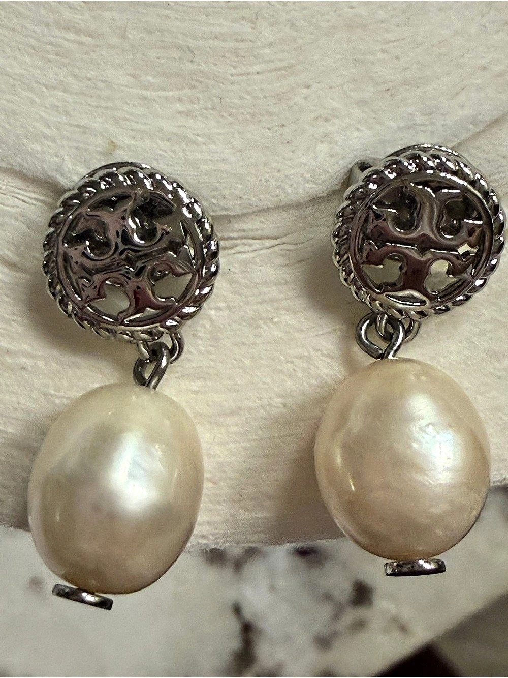 Tory Burch Rope Logo Pearl Drop Earrings Pearl Drop Earrings in White & Silver